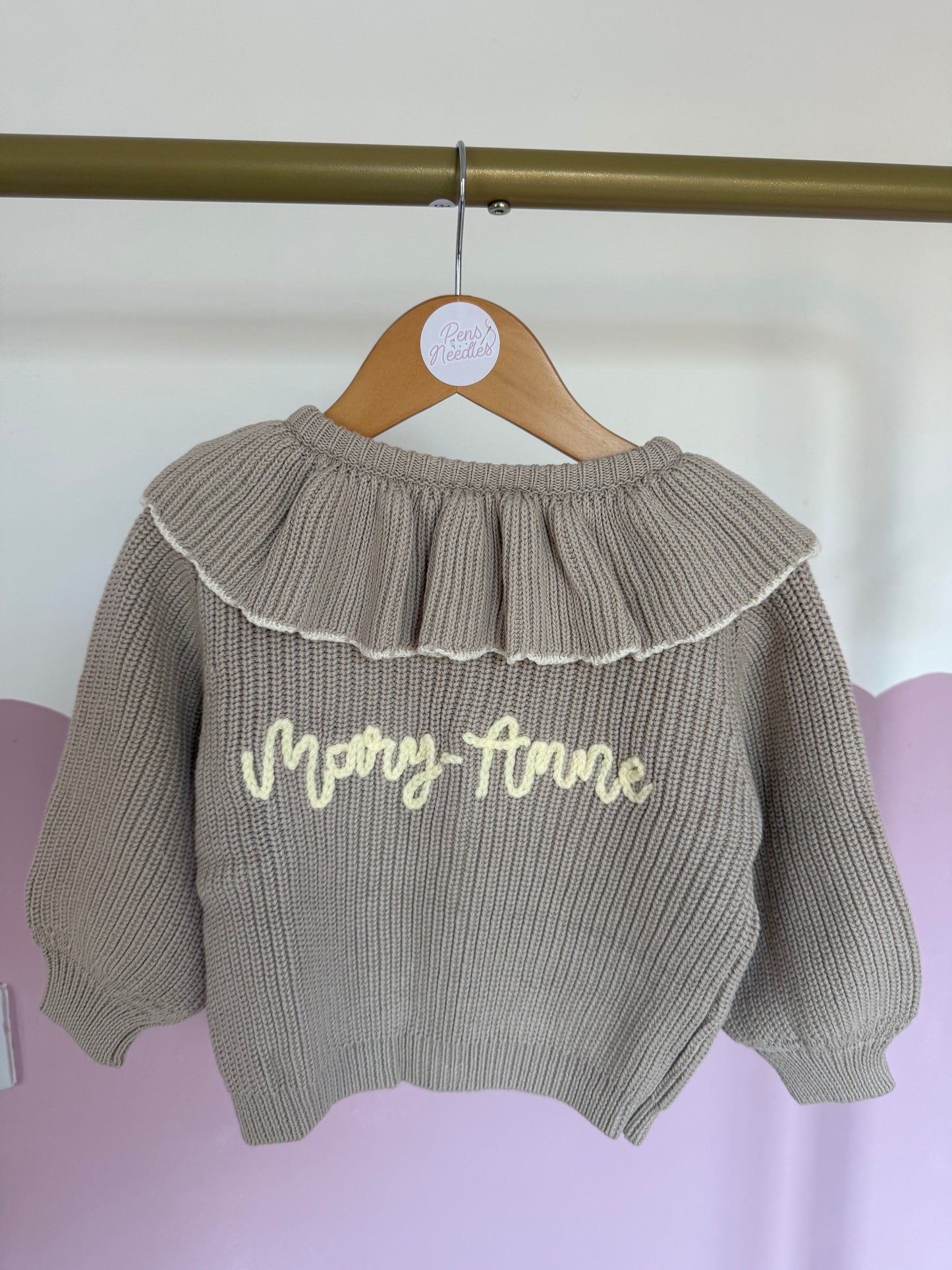 Beige frill cardigan with name only